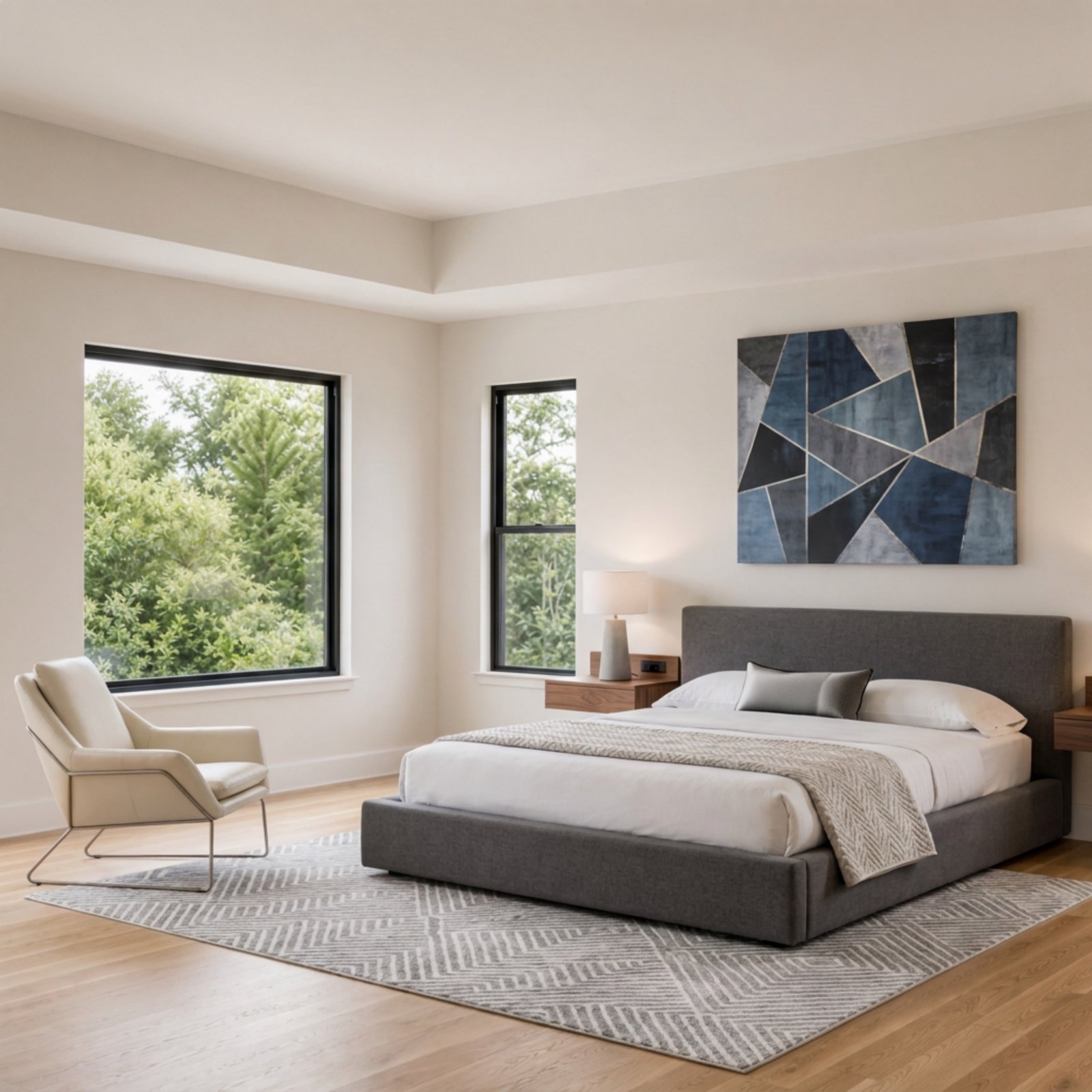 3D render of an upholstered bed and lounge chair in a bright room