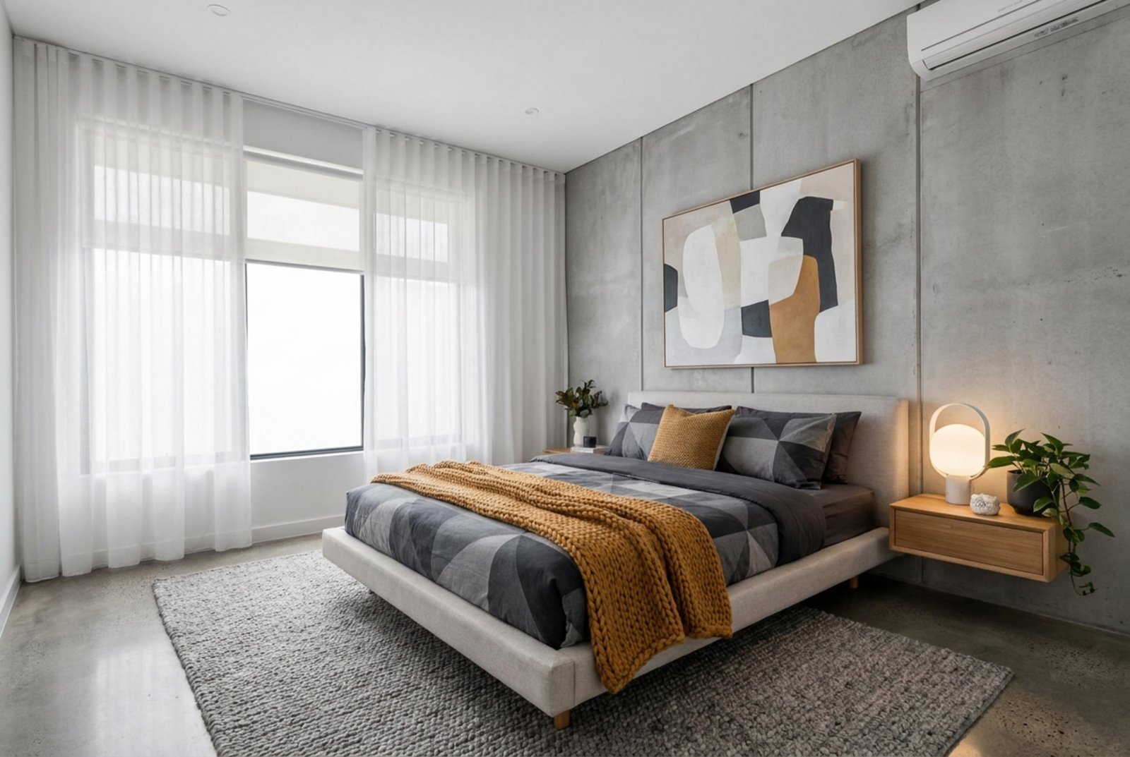 Architectural visualization of a bedroom with concrete walls and sheer curtains